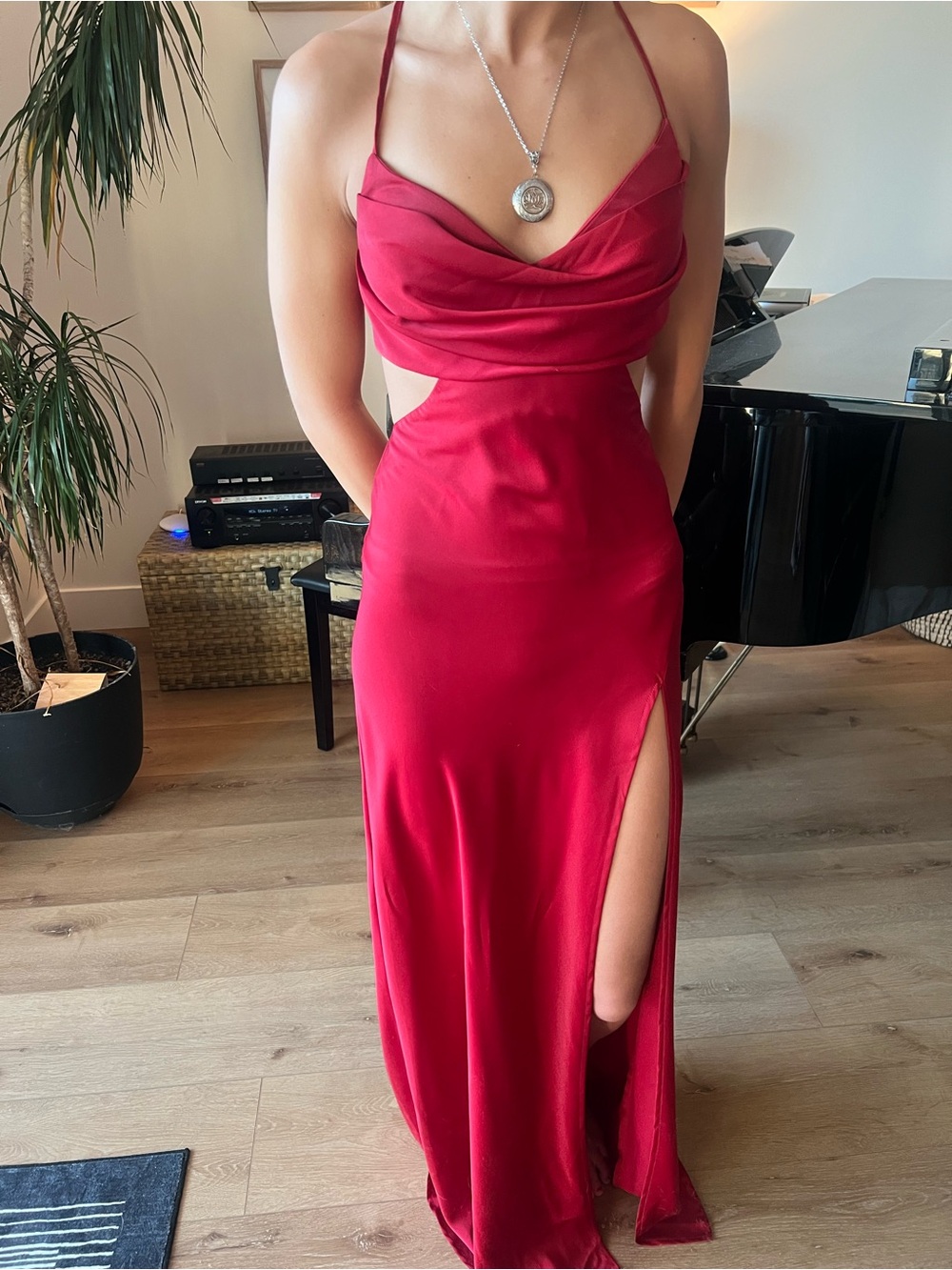 Showpo Red Satin Cowl Neck Prom Dress with Thigh Slit